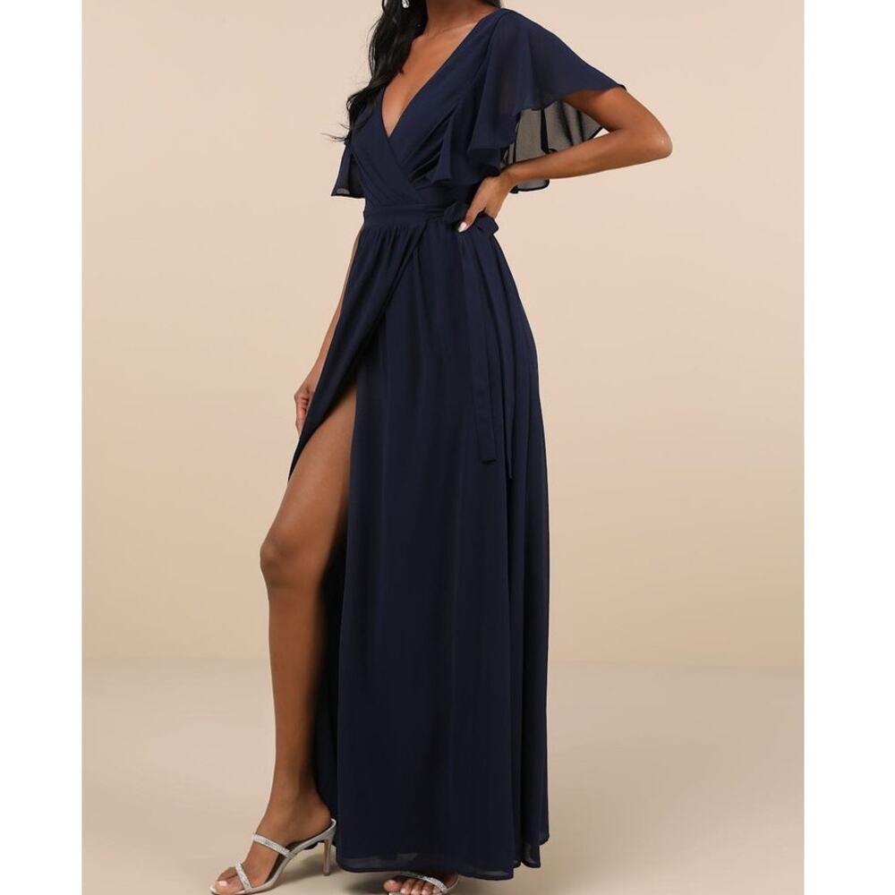 NEW Lulus Convincing Grace Navy Blue Flutter Sleeve Woven Wrap Maxi Dress Large